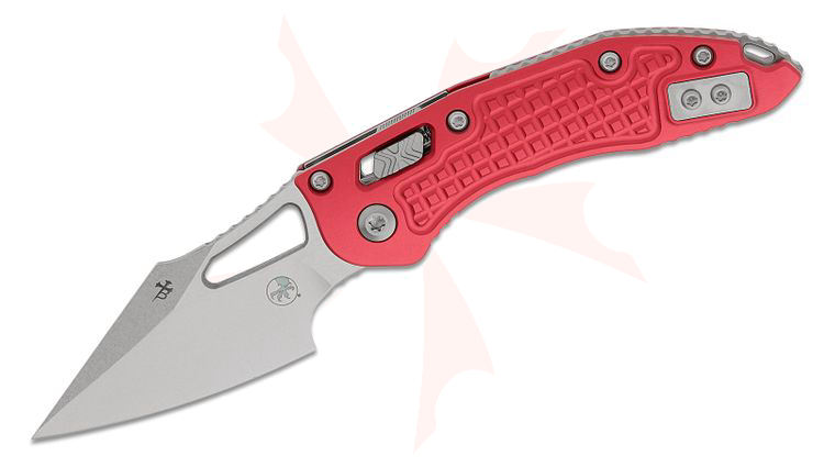 Microtech 169MRL-10FRRD M-Stitch RAM-LOK Manual Folding Knife 3.05 inch M390MK Stonewashed Spear Point Plain Blade, Red Frag Aluminum Handles, Reversible Clip (Mini Stitch)