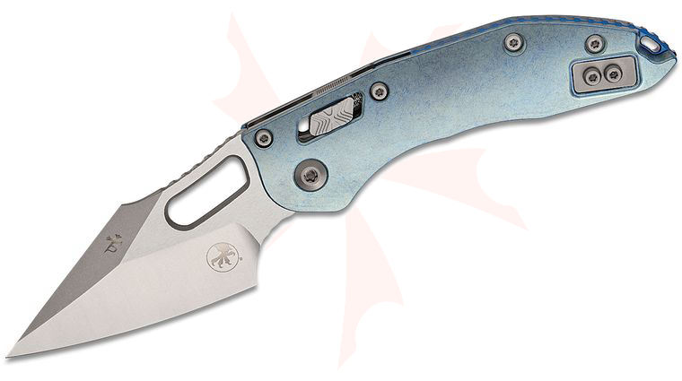 Microtech 169RL-10MS6 Marfione Select Stitch RAM-LOK Manual Folding Knife 3.625 inch Bohler M390MK Stonewashed Spear Point Plain Blade, Ice Blue Slab Titanium Handles, Blue Titanium Accent