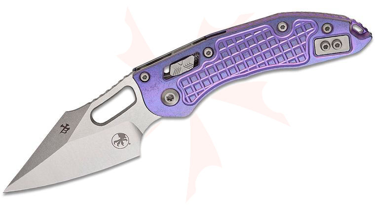 Microtech 169RL-10FRMS5 Marfione Select Stitch RAM-LOK Manual Folding Knife 3.625 inch Bohler M390MK Stonewashed Spear Point Plain Blade, Purple Haze Frag Titanium Handles, Purple Titanium Accents