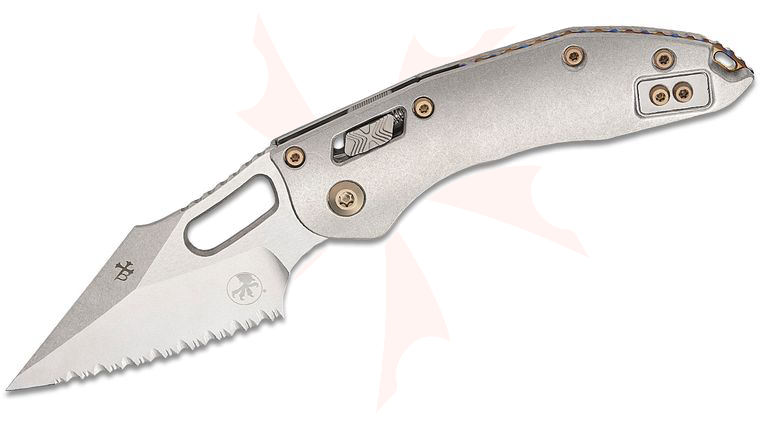 Microtech 169RL-12MS4 Marfione Select Stitch RAM-LOK Manual Folding Knife 3.625 inch Bohler M390MK Stonewashed Spear Point Serrated Blade and Slab Titanium Handles, Flamed Titanium Accent