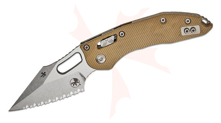 Microtech 169RL-12FLGTTA Stitch RAM-LOK Manual Folding Knife 3.625 inch Bohler M390MK Stonewashed Spear Point Serrated Blade, Tan Fluted G10 Handles