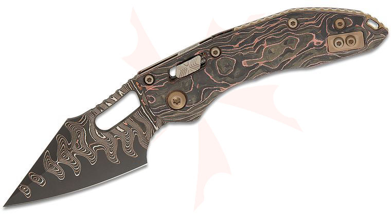 Microtech 169RL-16MS2 Marfione Select Stitch RAM-LOK Manual Folding Knife 3.625 inch BF CopperMai Elite Damascus Spear Point Blade, Livewire Carbon Fiber Handles, Bronze Titanium Accent