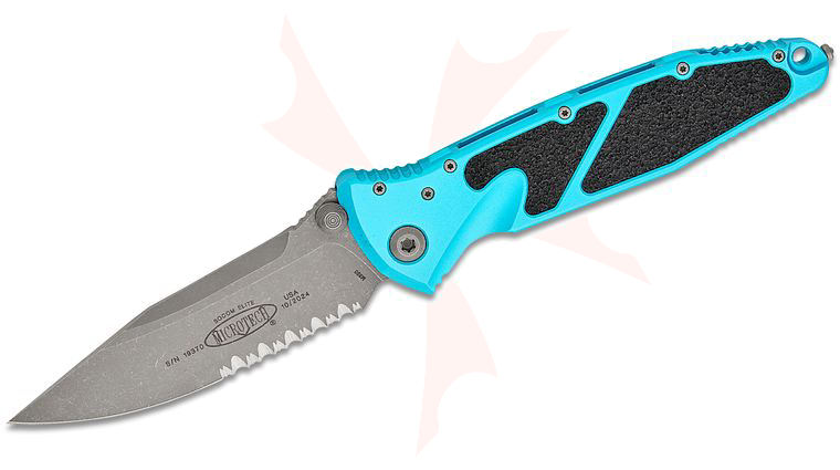 Microtech 160-11APTQ Socom Elite Manual Folding Knife 4.05 inch Apocalyptic Clip Point Combo Blade, Turquoise Aluminum Handles