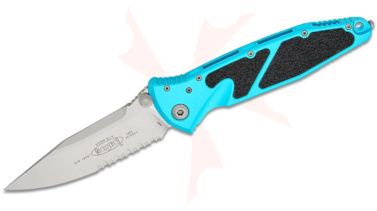 Microtech 160-11TQ Socom Elite Manual Folding Knife 4.05 inch Stonewashed Clip Point Combo Blade, Turquoise Aluminum Handles