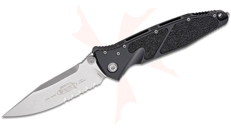 Microtech 160-11 Socom Elite Manual Folding Knife 4.05 inch Stonewashed Clip Point Combo Blade, Black Aluminum Handles