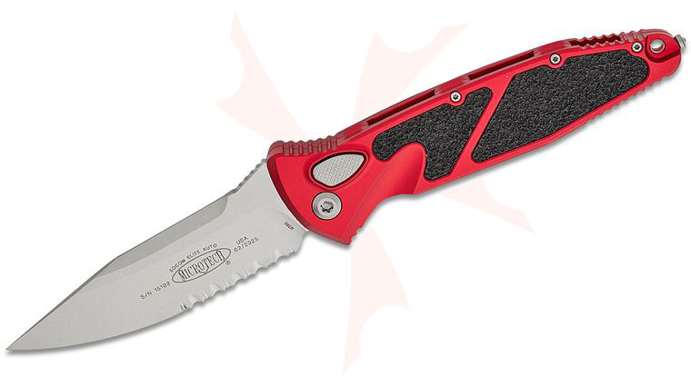 Microtech 160A-11RD Socom Elite AUTO Folding Knife 4.05 inch Stonewashed Clip Point Combo Blade, Red Aluminum Handles
