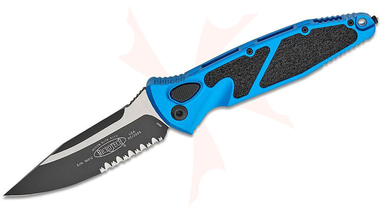 Microtech 160A-2BL Socom Elite Tactical AUTO Folding Knife 4.05 inch Black Clip Point Combo Blade, Blue Aluminum Handles