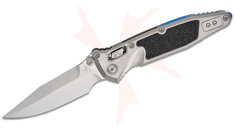 Microtech 160RL-10SMS3 Marfione Select Socom Elite RAM-LOK Folding Knife 4 inch M390MK Stonewashed Spear Point Blade and Titanium Handles with 3M Traction Tape Inserts, Reversible Clip, Blue Accent
