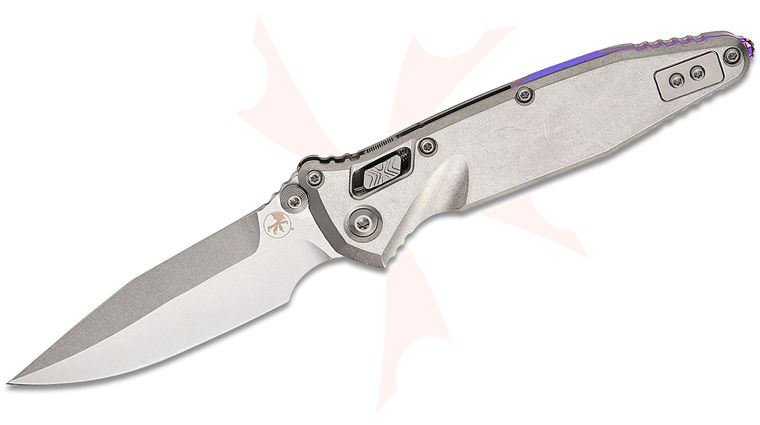Microtech 160RLS-10SMS4 Marfione Select Socom Elite RAM-LOK Folding Knife 4 inch M390MK Stonewashed Spear Point Blade and Slab Titanium Handles, Reversible Clip, Purple Accent