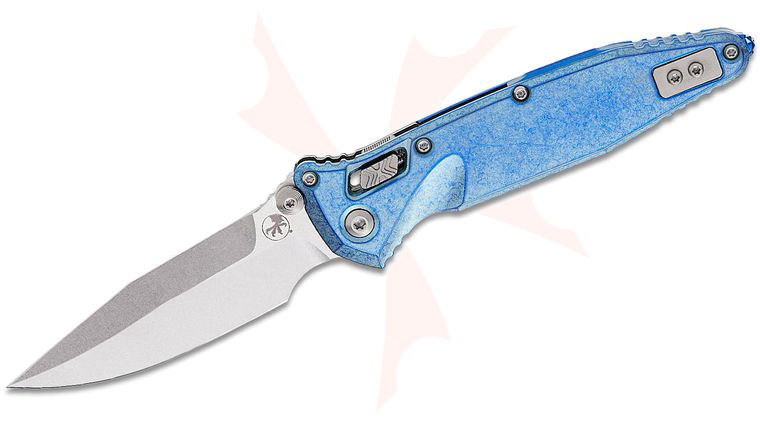 Microtech 160RLS-10SMS7 Marfione Select Socom Elite RAM-LOK Folding Knife 4 inch M390MK Stonewashed Spear Point Blade, Ice Blue Slab Titanium Handles, Blue Accent, Reversible Clip