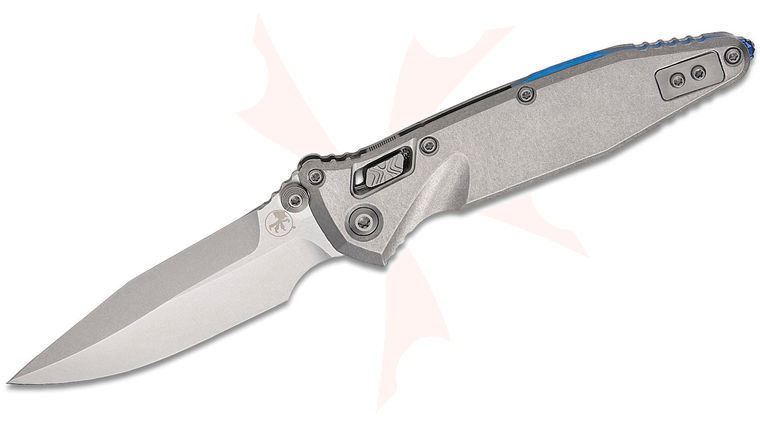 Microtech 160RLS-10SMS3 Marfione Select Socom Elite RAM-LOK Folding Knife 4 inch M390MK Stonewashed Spear Point Blade and Slab Titanium Handles, Reversible Clip, Blue Accent
