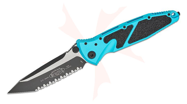 Microtech 161-3TQ Socom Elite Manual Folding Knife 4.05 inch Black Tanto Serrated Blade, Turquoise Aluminum Handles