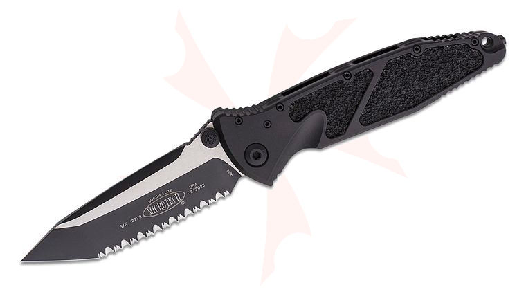 Microtech 161-3T Socom Elite Tactical Manual Folding Knife 4.05 inch Black Tanto Serrated Blade, Black Aluminum Handles