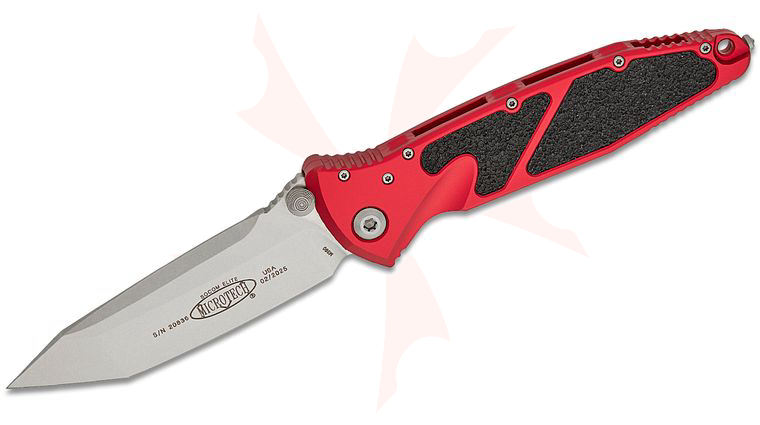 Microtech 161-10RD Socom Elite Manual Folding Knife 4.05 inch Stonewashed Tanto Plain Blade, Red Aluminum Handles