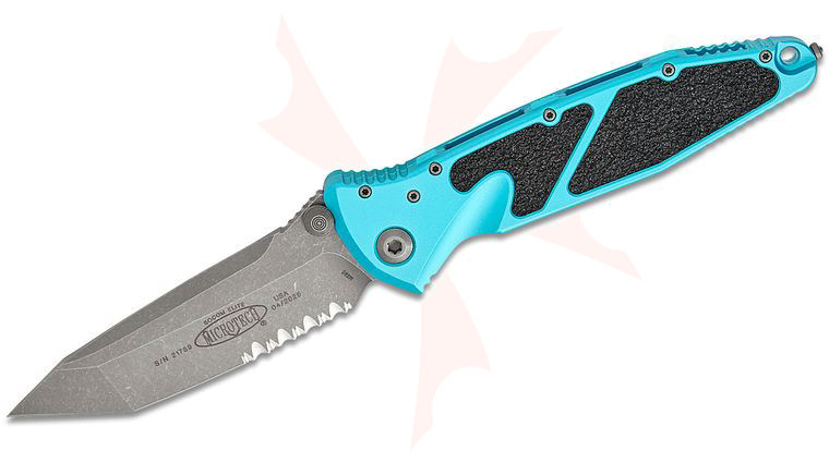 Microtech 161-11APTQ Socom Elite Manual Folding Knife 4.05 inch Apocalyptic Tanto Combo Blade, Turquoise Aluminum Handles