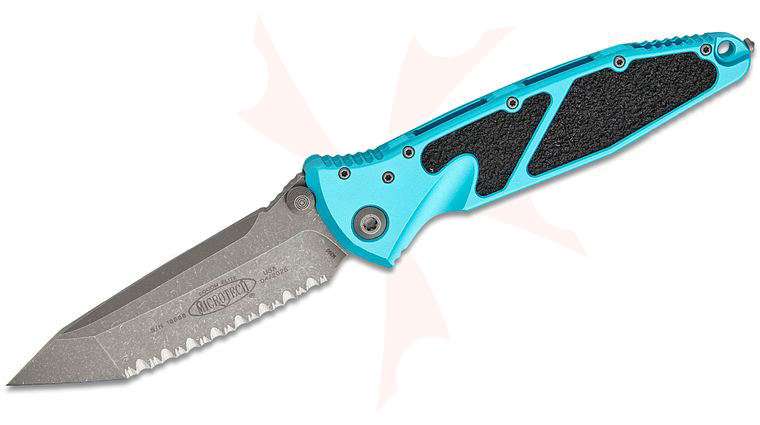 Microtech 161-12APTQ Socom Elite Manual Folding Knife 4.05 inch Apocalyptic Tanto Serrated Blade, Turquoise Aluminum Handles