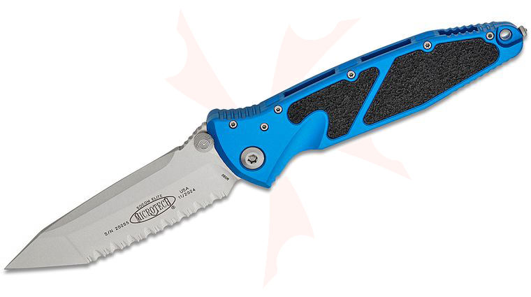 Microtech 161-12BL Socom Elite Manual Folding Knife 4.05 inch Stonewashed Tanto Serrated Blade, Blue Aluminum Handles