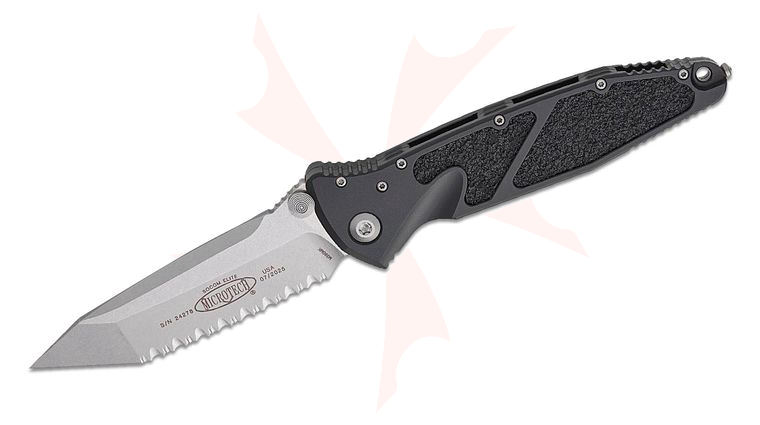 Microtech 161-12 Socom Elite Manual Folding Knife 4.05 inch Stonewashed Tanto Serrated Blade, Black Aluminum Handles