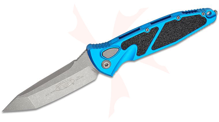 Microtech 161A-10APBL Socom Elite AUTO Folding Knife 4.05 inch Apocalyptic Tanto Plain Blade, Blue Aluminum Handles