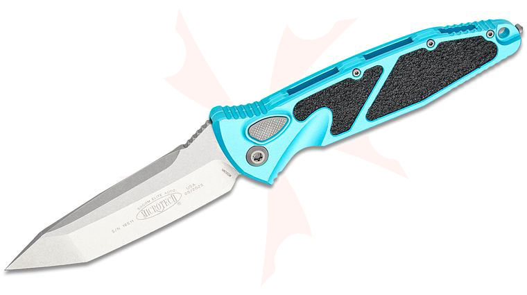 Microtech 161A-10TQ Socom Elite AUTO Folding Knife 4.05 inch Stonewashed Tanto Plain Blade, Turquoise Aluminum Handles