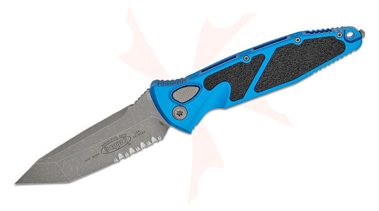Microtech 161A-11APBL Socom Elite AUTO Folding Knife 4.05 inch Apocalyptic Tanto Combo Blade, Blue Aluminum Handles