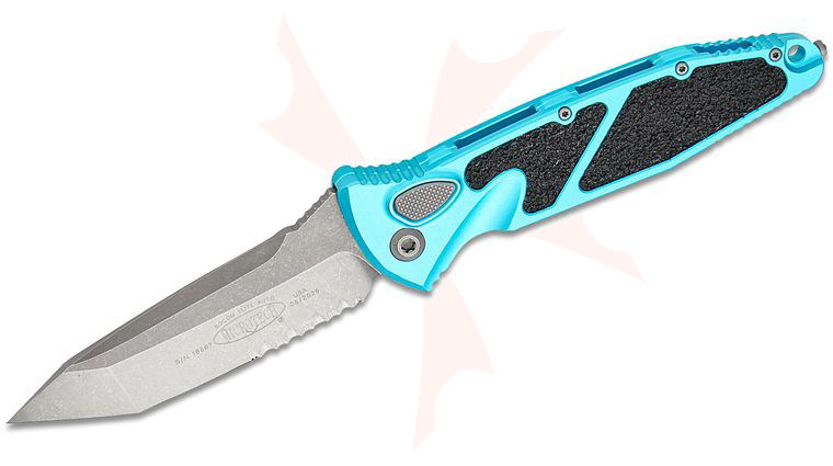 Microtech 161A-11APTQ Socom Elite AUTO Folding Knife 4.05 inch Apocalyptic Tanto Combo Blade, Turquoise Aluminum Handles