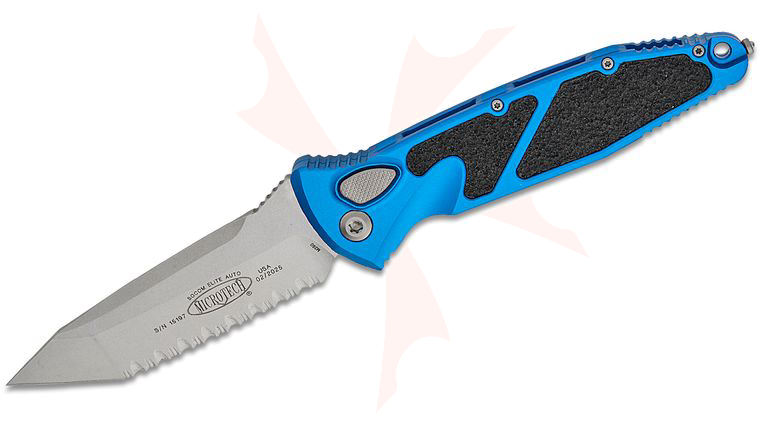 Microtech 161A-12BL Socom Elite AUTO Folding Knife 4.05 inch Stonewashed Tanto Serrated Blade, Blue Aluminum Handles