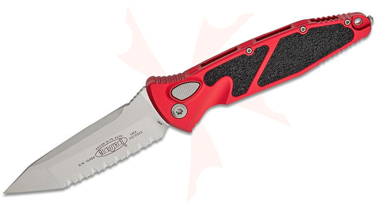 Microtech 161A-12RD Socom Elite AUTO Folding Knife 4.05 inch Stonewashed Tanto Serrated Blade, Red Aluminum Handles