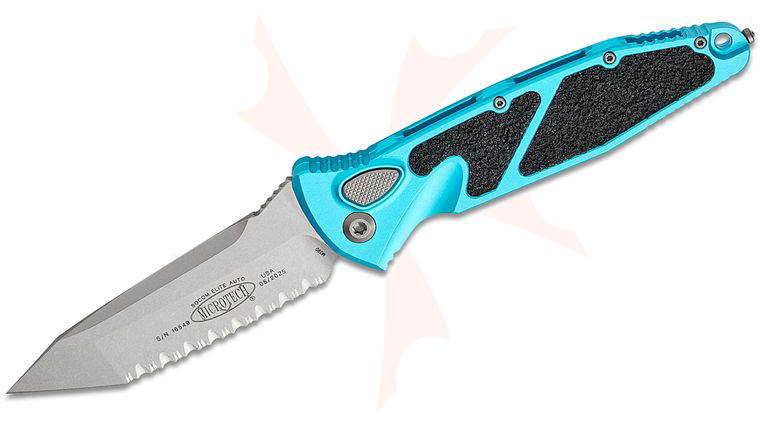 Microtech 161A-12TQ Socom Elite AUTO Folding Knife 4.05 inch Stonewashed Tanto Serrated Blade, Turquoise Aluminum Handles