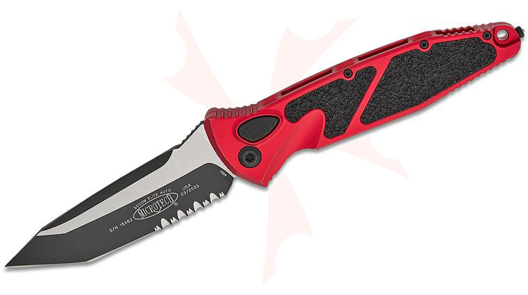 Microtech 161A-2RD Socom Elite AUTO Folding Knife 4.05 inch Black Tanto Combo Blade, Red Aluminum Handles