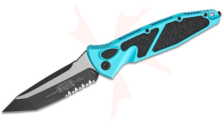 Microtech 161A-2TQ Socom Elite AUTO Folding Knife 4.05 inch Black Tanto Combo Blade, Turquoise Aluminum Handles