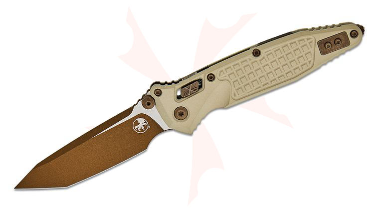 Microtech 161RL-1FRCG-C19Z23 Socom Elite RAM-LOK Folding Knife 4 inch M390MK Burnt Bronze Tanto Blade, Champagne Gold Frag Aluminum Handles, Reversible Clip