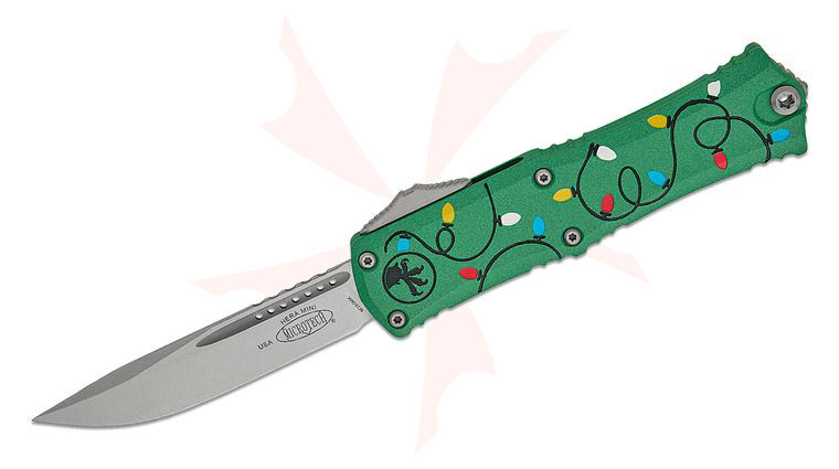 Microtech 1703M-10GRCMAS Signature Series Hera II Mini OTF AUTO Knife 3 inch M390MK Stonewashed Drop Point Plain Blade, Christmas Green Deep Engraved Aluminum Handles 