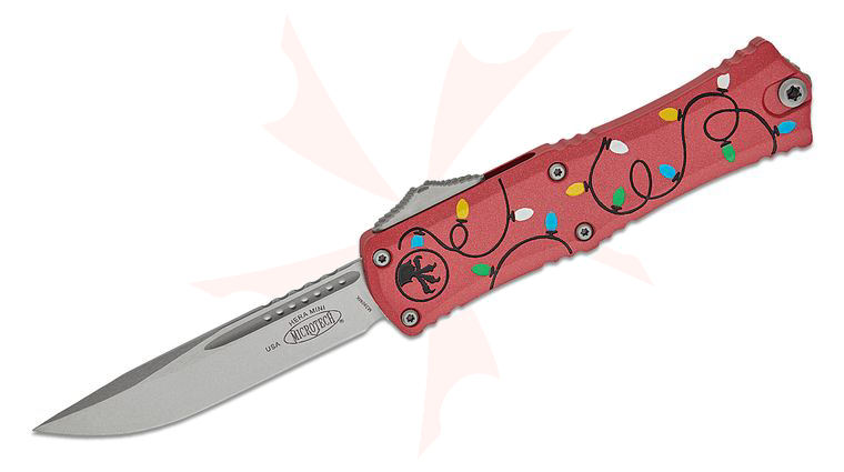 Microtech 1703M-10RDCMAS Signature Series Hera II Mini OTF AUTO Knife 3 inch M390MK Stonewashed Drop Point Plain Blade, Christmas Red Deep Engraved Aluminum Handles 