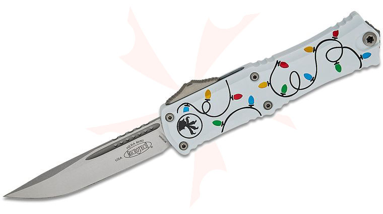 Microtech 1703M-10WHCMAS Signature Series Hera II Mini OTF AUTO Knife 3 inch M390MK Stonewashed Drop Point Plain Blade, Christmas White Deep Engraved Aluminum Handles 