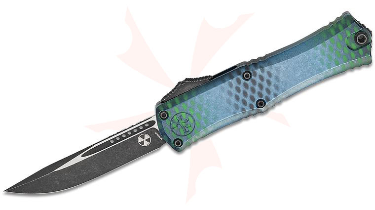 Microtech 1703M-1BLX51S Signature Series Hera II Mini OTF AUTO Knife 3 inch M390MK Black Drop Point Blade, Blue X-51 Deep Engraved Clover Aluminum Handles