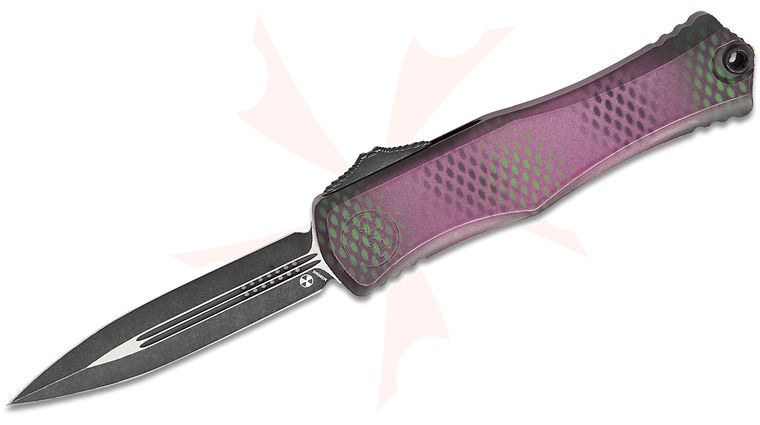 Microtech 1702-1PUX51S Signature Series Hera II OTF AUTO Knife 4 inch M390MK Black Double Edge Dagger Blade, Purple X-51 Deep Engraved Aluminum Handles 