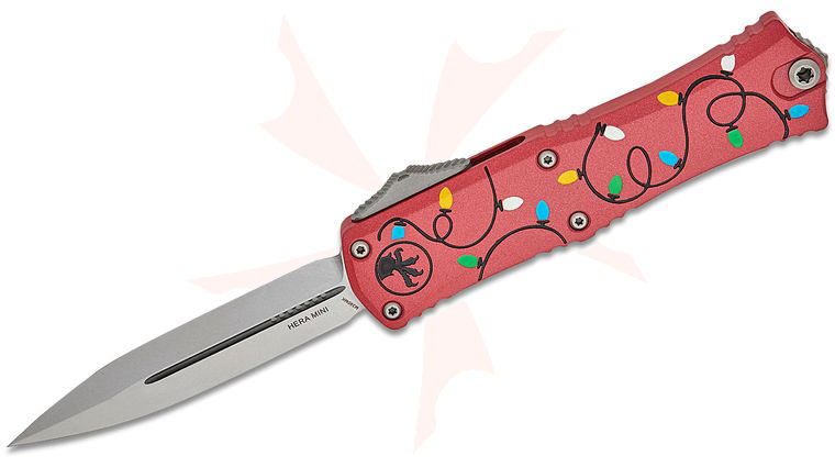 Microtech 1702M-10RDCMAS Signature Series Hera II Mini OTF AUTO Knife 3 inch M390MK Stonewashed Double Edge Dagger Blade, Christmas Red Deep Engraved Aluminum Handles 