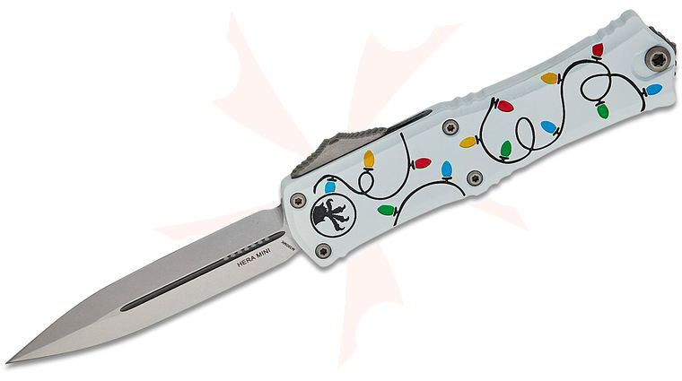 Microtech 1702M-10WHCMAS Signature Series Hera II Mini OTF AUTO Knife 3 inch M390MK Stonewashed Double Edge Dagger Blade, Christmas White Deep Engraved Aluminum Handles 
