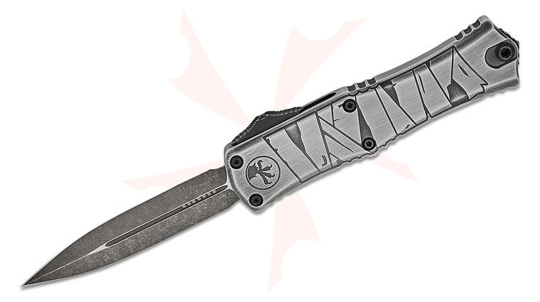Microtech 1702M-1BMHWMYS Signature Series Hera II Mini OTF AUTO Knife 3 inch M390MK Black Apocalyptic Double Edge Dagger Blade, Brushed Metal Halloween Mummy Wrap Deep Engraved Aluminum Handles 