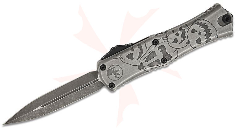 Microtech 1702M-1BMHWJLS Signature Series Hera II Mini OTF AUTO Knife 3 inch M390MK Black Apocalyptic Double Edge Dagger Blade, Brushed Metal Halloween Jack-o'-Lantern Deep Engraved Aluminum Handles 