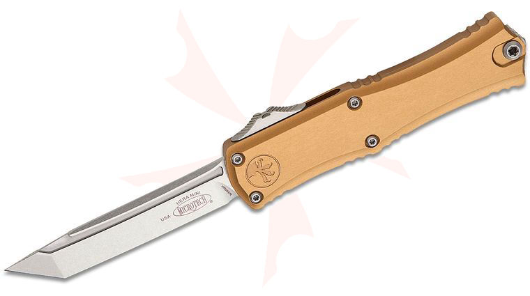 Microtech 1704M-10TA Hera II Mini OTF AUTO Knife 3 inch M390MK Stonewashed Tanto Plain Blade, Tan Deep Engraved Aluminum Handles 