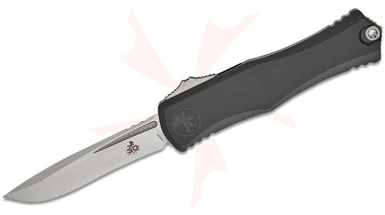 Microtech 1705-10 30th Anniversary Hera II OTF AUTO Knife 4 inch M390MK Stonewashed Recurve Blade, Black Deep Engraved Aluminum Handles 
