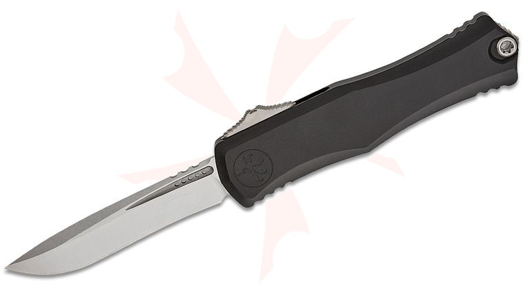 Microtech 1705-10 Hera II OTF AUTO Knife 4 inch M390MK Stonewashed Recurve Blade, Black Deep Engraved Aluminum Handles 