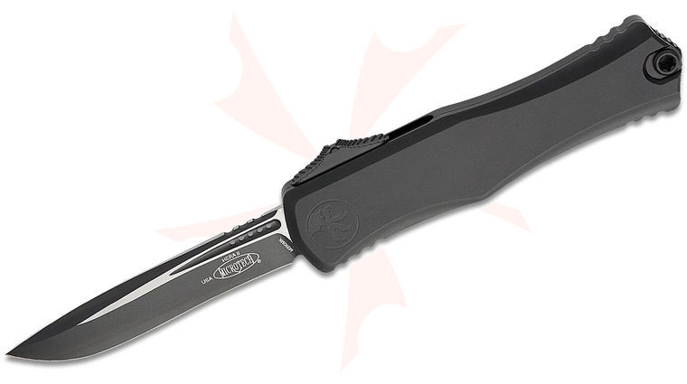 Microtech 1705-1T Hera II Tactical OTF AUTO Knife 4 inch M390MK Black Recurve Plain Blade, Black Deep Engraved Aluminum Handles 