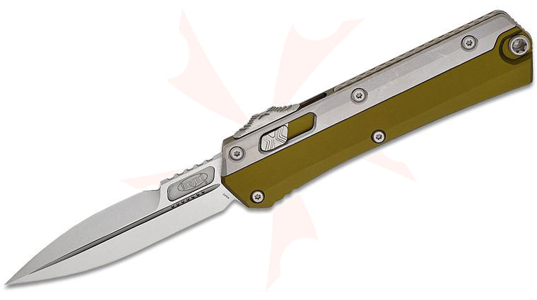 Microtech 184-10OD Glykon AUTO OTF Knife 3.75 inch Stonewashed Double Edge Bayonet Blade, OD Green Aluminum Handles with Titanium Overlays