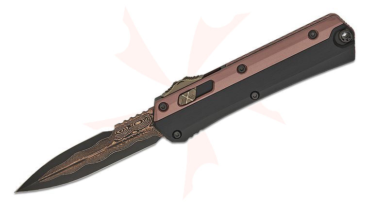 Microtech 184-16MS1 Signature Series Marfione Select Glykon AUTO OTF Knife 3.75 inch Baker Forge CopperMai Damascus Double Edge Bayonet Blade, Black Hefted Aluminum Handles with Rose Gold PVD Titanium Overlays