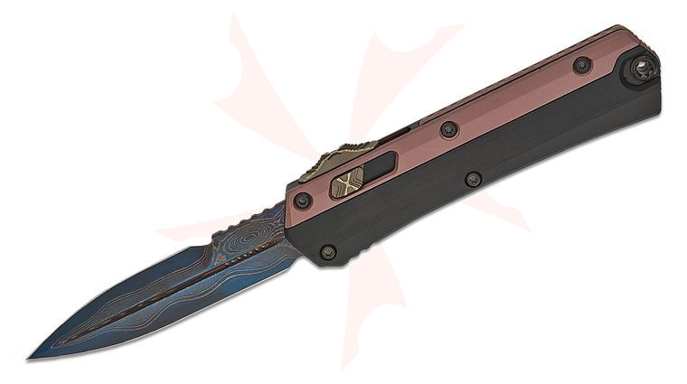 Microtech 184-16MS1 Signature Series Marfione Select Glykon AUTO OTF Knife 3.75 inch Blued Baker Forge CopperMai Damascus Double Edge Bayonet Blade, Black Hefted Aluminum Handles with Rose Gold PVD Titanium Overlays