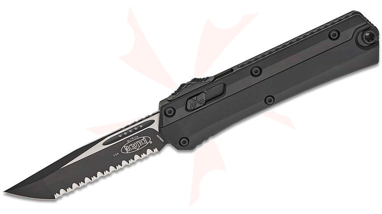 Microtech 185-3T Glykon Tactical AUTO OTF Knife 3.75 inch Black Tanto Serrated Blade, Black Aluminum Handles with Titanium Overlays, Nickel Boron Internals