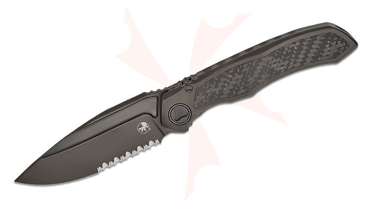 Microtech Anax Manual Folding Knife 3.7 inch M390 Black DLC Drop Point Combo Blade, Black DLC Integral Titanium Handle with Carbon Fiber Inlay